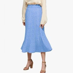 High Waist Polka Dot Pleated Midi Swing Skirt with Pockets -blue